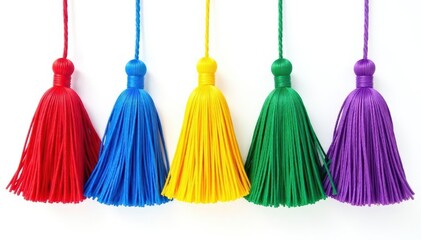 Five vibrant tassels in red, blue, green, yellow, and purple, isolated on white , art, background, colorful tassels