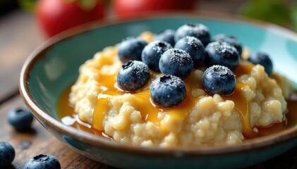 Frosted blueberries and honey drizzle on warm oatmeal, sweet, drizzle, breakfast