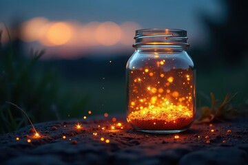 Glass jar fills with glowing fireflies at dusk, fireflies, dusk, wildlifeflight