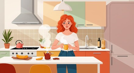 Redhead woman enjoying morning coffee in a cozy, colorful kitchen illustration