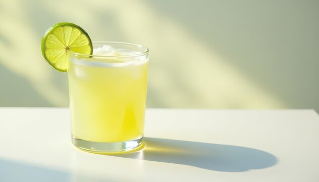 Glass filled with pale yellow liquid and lime wedge atop a white surface , citrus, drink