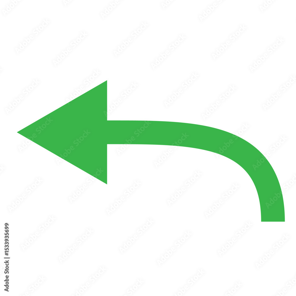 Poster green curved arrow pointing left with return direction on white background, simple icon design for n