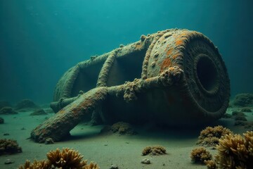Sunken, barnacle-encrusted remains partially submerged in murky water, exploration, still