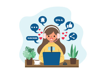 Illustration of a female content creator doing live streaming in front of a laptop. Social media
