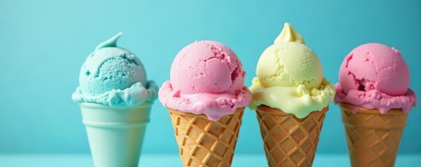 Vibrant ice cream scoops in crispy waffle cones against a blue backdrop , picture, summer food, food