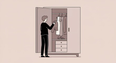 Fototapeta premium Illustrated man selecting a jacket from a wardrobe with shoes and drawers