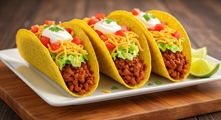 Freshly made ground beef tacos in crunchy yellow shells, topped with cheese, lettuce, and a dollop of sour cream, ready for a delicious dinner