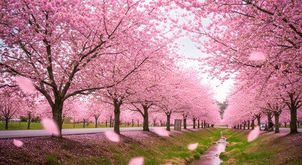 Naklejka premium Cherry blossoms swaying under soft sunlight, designed for romantic designs, mobile apps, or seasonal marketing content.