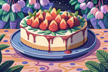 Classic New York cheesecake slice topped with fresh strawberries and syrup delicious dessert vector illustration perfect for bakery menu, patisserie branding, or food packaging