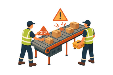 Warehouse Safety Illustration Workers Halt Conveyor Belt Malfunction Preventing Package Damage Industrial Production Stop Sign Alert