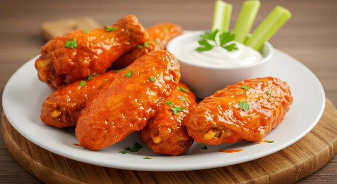 Deliciously spicy chicken wings glazed in traditional Buffalo sauce, garnished with parsley and presented with a classic side of celery and blue cheese or ranch dressing