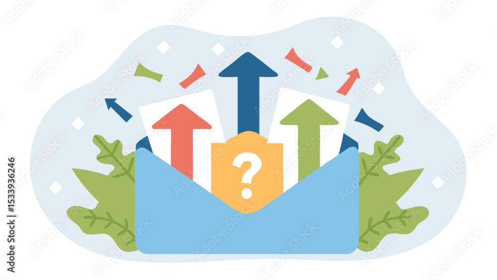 Poster envelope with upward arrows and question mark inside surrounded by confetti and leaves design