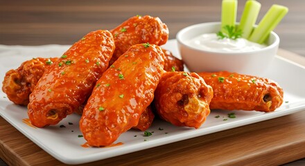 appetizing plate of classic, saucy Buffalo chicken wings, coated in a glossy hot sauce and served with celery sticks and a creamy dip, perfect for a bar menu or game day snack
