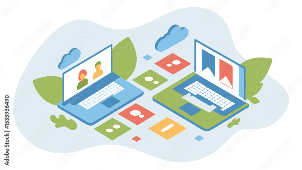 Poster isometric view of two laptops with video call and bookmarks on the screens in a digital space