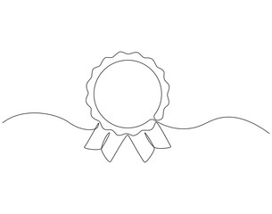 Continuous line drawing of award badge. Single line illustration of medal. Achievement ribbon concept. Editable outline