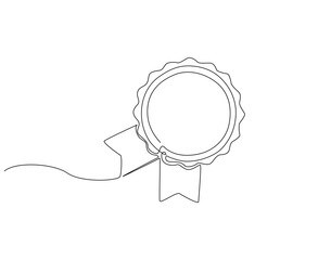 Continuous line drawing of award badge. Single line illustration of medal. Achievement ribbon concept. Editable outline