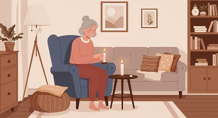 Elderly Woman Lighting Candles in Cozy Living Room