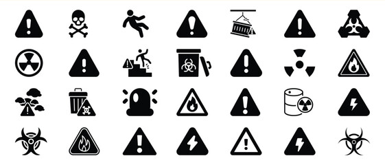 Black and White Safety Warning Icons Set Collection