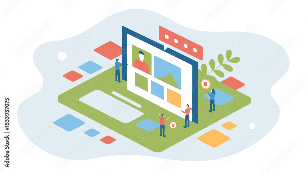 Poster isometric illustration of a website interface with people and colorful geometric shapes around it
