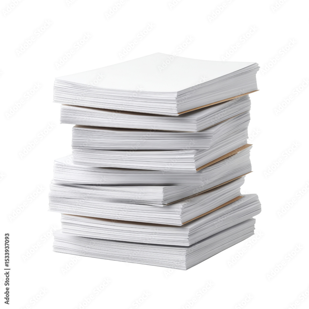 Poster stacked blank paper sheets for printing and copying in an office environment transparent background 