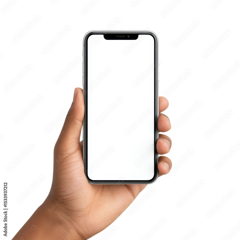 Poster hand holding a smartphone with a blank screen ready for customization or display in a studio setting