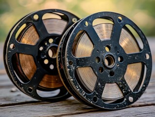 Two vintage film reels on a wooden surface