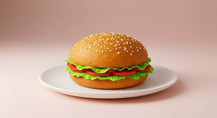 stylized 3D render of a perfect hamburger with vibrant colors, presented in a minimalist style on a white plate against a solid pink background, ideal for modern graphic design or as a food icon