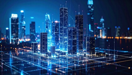 Abstract digital city background with glowing lights and futuristic structures