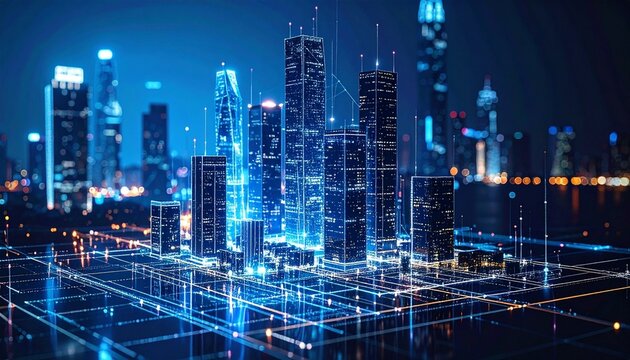 Abstract digital city background with glowing lights and futuristic structures - Powered by Adobe