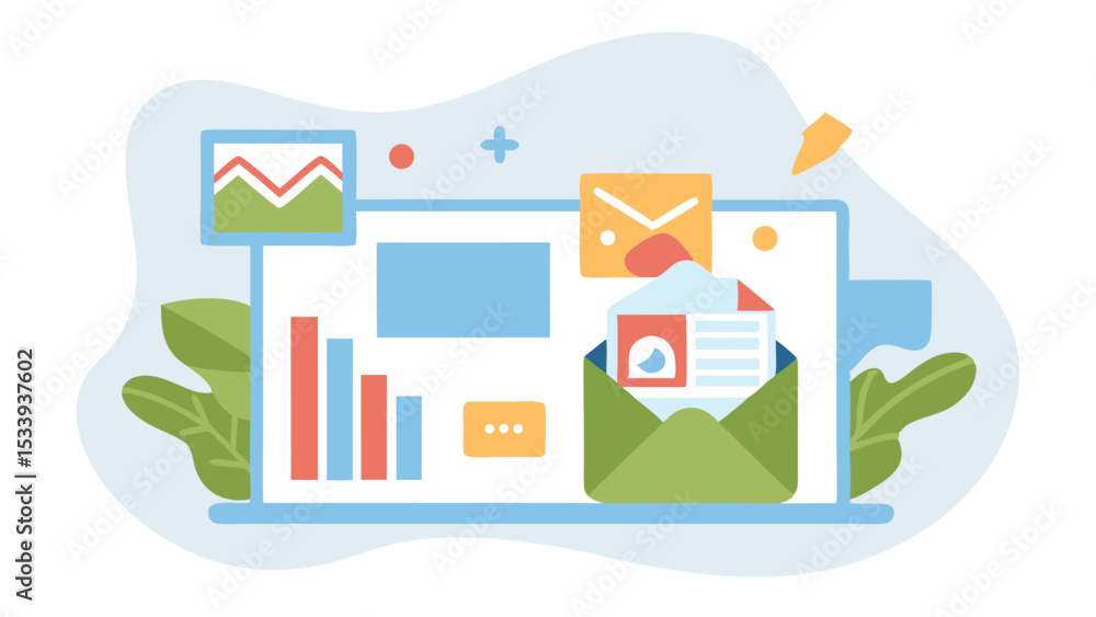 Aufkleber laptop displaying business charts and sending email with green leaves background design vector