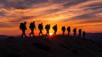 Fototapeta premium Soldiers marching at sunset mountain ridge outdoor scene serene atmosphere side view teamwork and perseverance