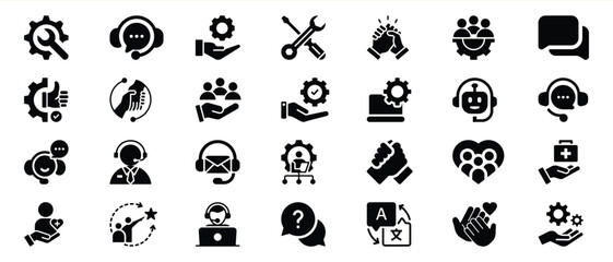 Black Glyph Icons Set Customer Support Teamwork Gear