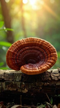 Ganoderma lucidum, Reishi mushroom growing wild in a forest, with textured bark and golden light shining through blurred green foliage backdrop.
