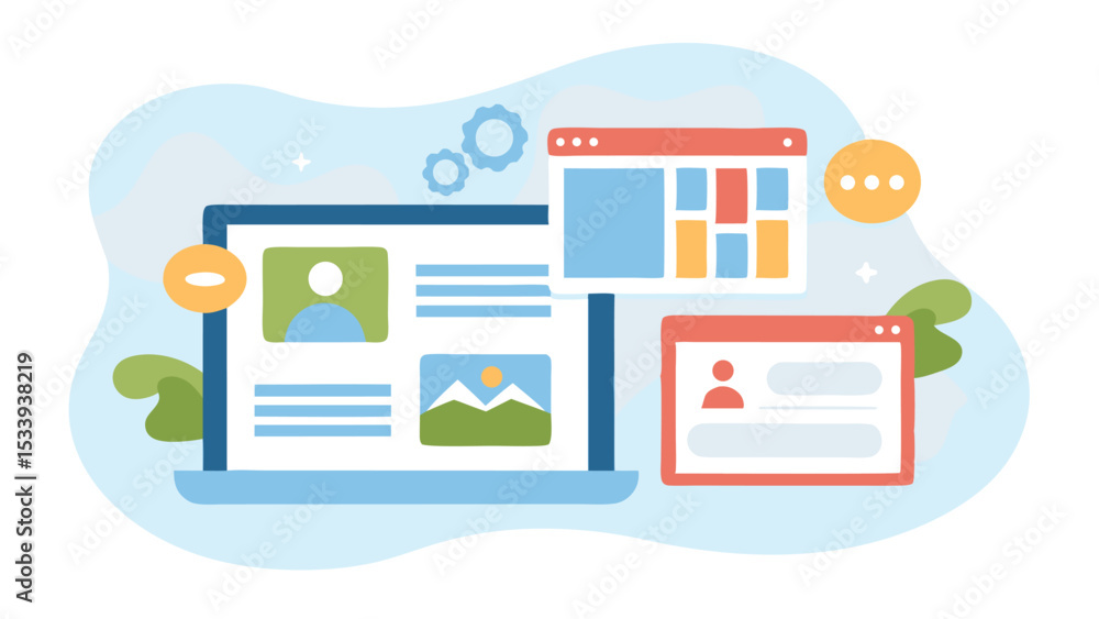 Poster illustration of a laptop displaying website elements with floating windows and gears design