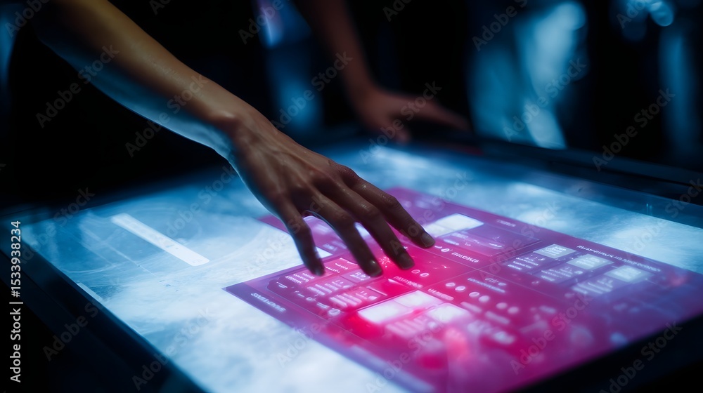 Poster futuristic touchscreen table displaying animated user journey maps
