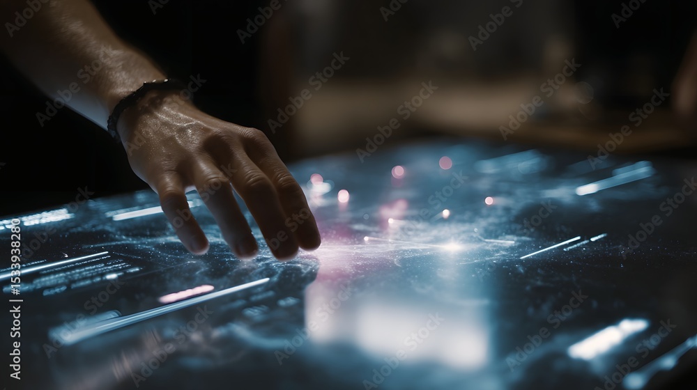 Poster futuristic touchscreen table displaying interactive user journey maps