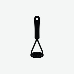 Modern digital illustration of a blue-handled potato masher with a black perforated head, perfect for kitchen utensil vector sets and cooking-themed design projects.