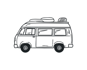 Camper van doodle illustration on isolated white background