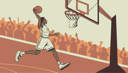Athletic Multiethnic Player Running To Score Slam Dunk Goal in Front of a Crowded Arena. College Basketball Tournament Cinematic Shot with Two Young Teams Playing a Championship Match        