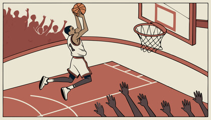 Athletic Multiethnic Player Running To Score Slam Dunk Goal in Front of a Crowded Arena. College Basketball Tournament Cinematic Shot with Two Young Teams Playing a Championship Match        