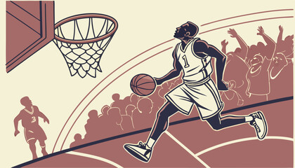 Athletic Multiethnic Player Running To Score Slam Dunk Goal in Front of a Crowded Arena. College Basketball Tournament Cinematic Shot with Two Young Teams Playing a Championship Match        
