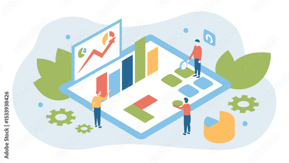 Poster isometric view of a dashboard with charts and people working on data analysis and visualization