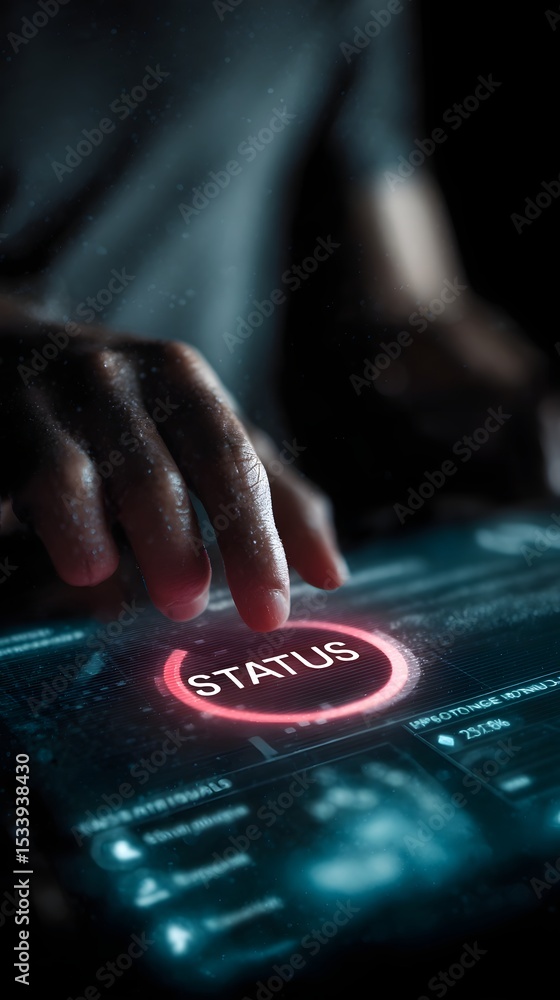 Poster person interacting with virtual dashboard displaying data and status