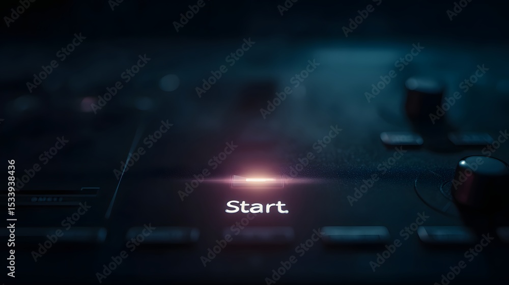 Aufkleber glowing start button on a dark control interface