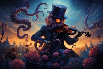 Mysterious octopus musician enchanted city digital art surreal atmosphere nighttime fantasy concept