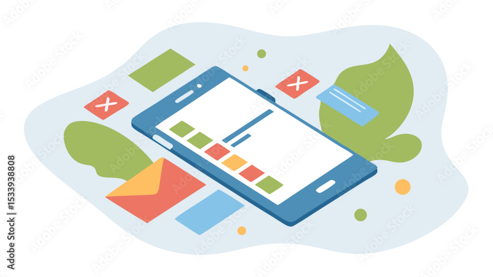 Poster isometric illustration of a smartphone with floating elements and a light blue background color sche