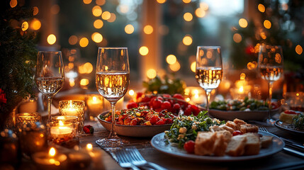 Festive dinner table setting with candles, glasses of wine, and plates of food.