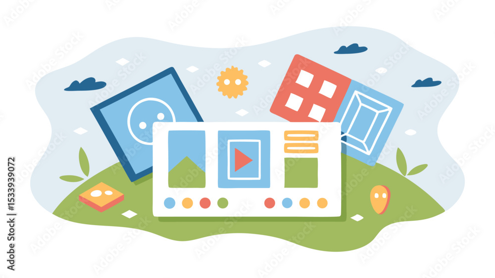 Poster illustration of a website interface with various design elements and colorful accents shown here