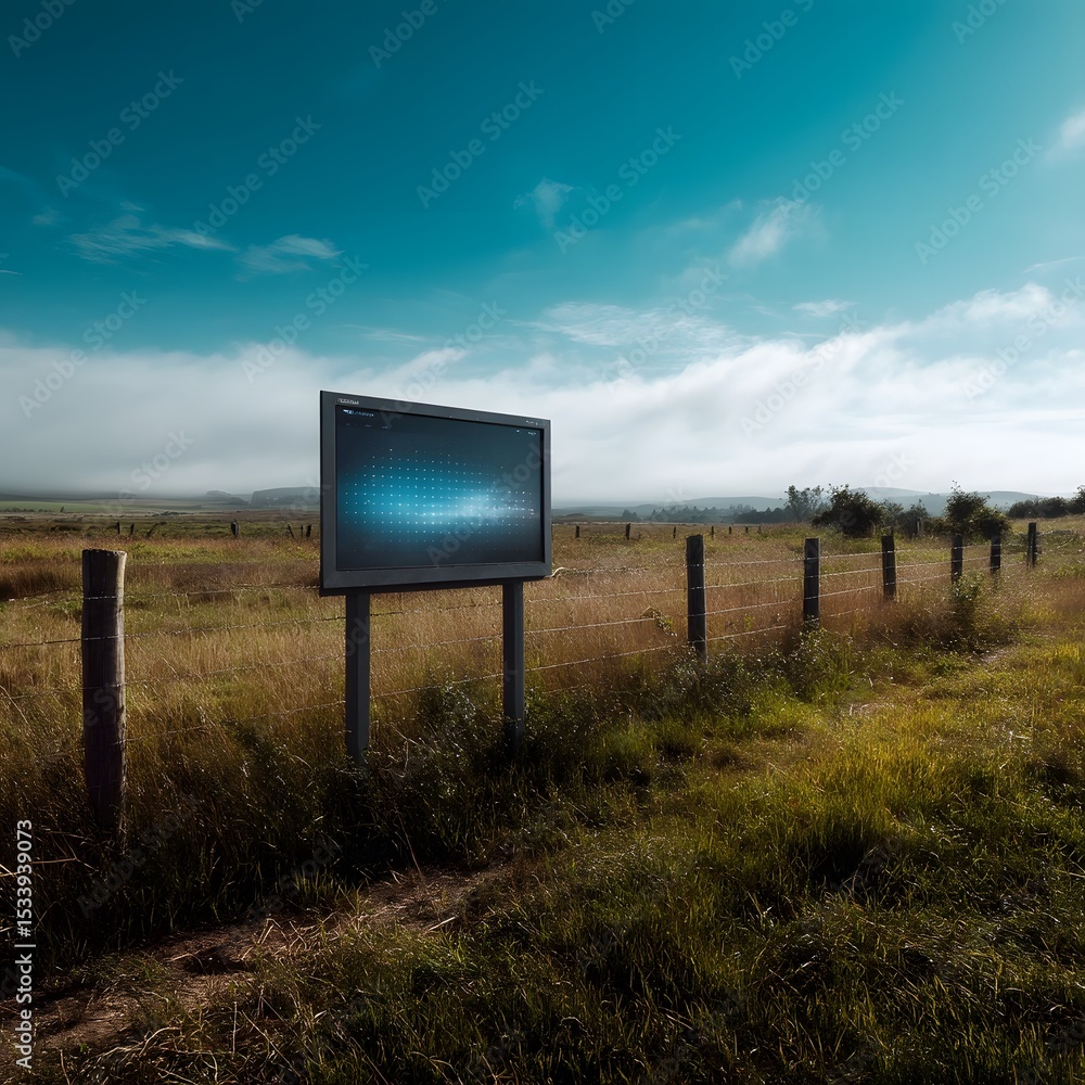 Poster large touchscreen panel integrated into farm fence displaying sensor grid