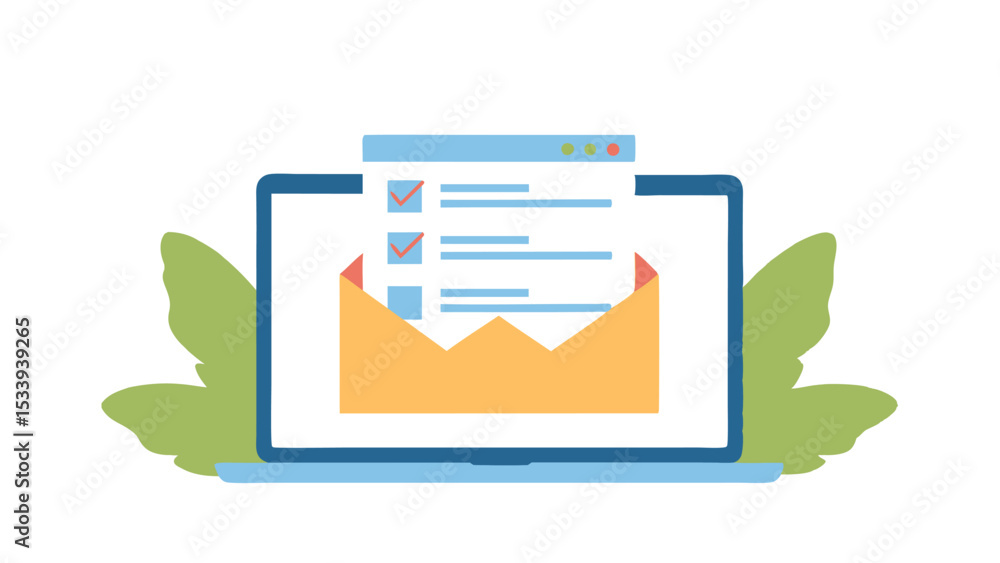Poster laptop displaying an email with a checklist and leaves on the side in a modern design